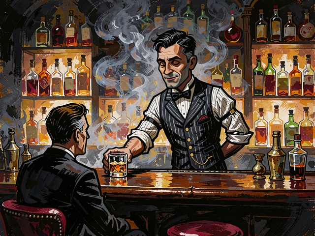 Barman w kamizelce podający whisky gościowi w fedorze w barze speakeasy - slot Johnny Cash od BGaming