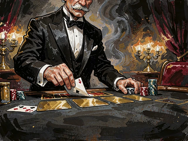 Starszy dżentelmen w smokingu unoszący r&oacute;g karty przy eleganckim stole - bakarat live w Roulettino