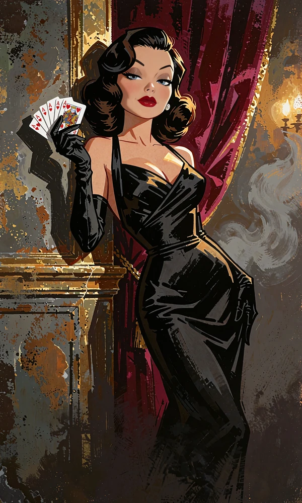 Ilustracja noir: femme fatale z wachlarzem kart na tle karmazynowej kurtyny - kafelek slotu Gates of Olympus