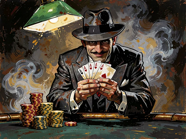 Szuler w szarym garniturze pokazujący karty przy zielonym stole z żetonami - slot Platinum Lightning