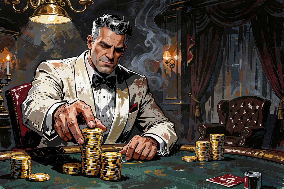 Kresk&oacute;wkowy highroller w białej marynarce przesuwa wieżę złotych żeton&oacute;w po zielonym suknie - bonus Highroller w Roulettino