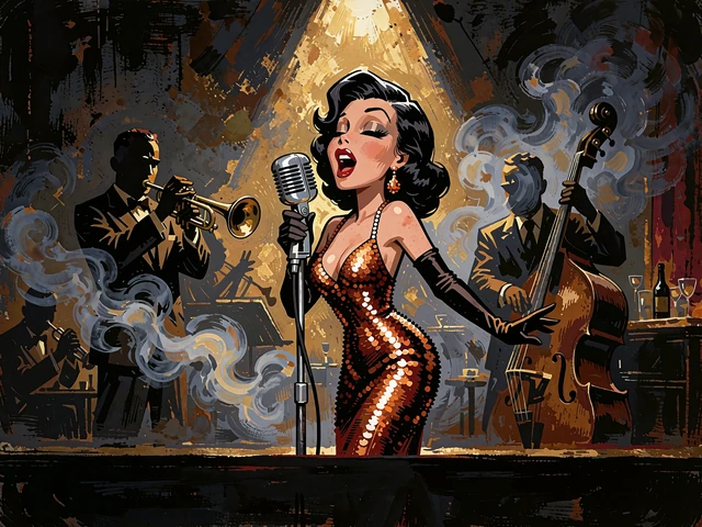 Śpiewaczka jazzowa w miedzianej sukni przy mikrofonie w złotym świetle reflektora - slot Aztec Magic